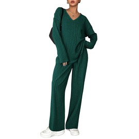 Ekouaer Lounge Sets for Women Long Sleeve Knit Ribbed Pajama Sets 2 Piece Casual Loungewear with Pockets Green