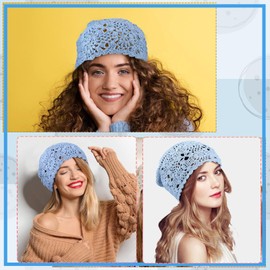 VPbao Handmade Crochet Slouchy Beanie Hat Lightweight Knit Cotton Floral Summer Skull Cap Stretchy Cutout Boho Hats for Girls Women Vintage Winter Soft Comfortable Baggy Chemo Hat SkyBlue