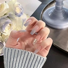 Set of 24 Nail Tips, Cream Gray, Pink Gradient Nails, Gold Glitter Rhinestones, Coming-of-Age Ceremony, Reception, Party, After-Party, Wedding