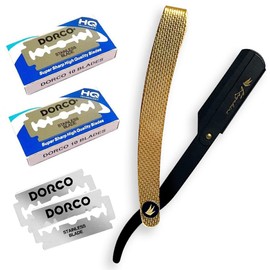 Kazakiri Premium Kaiser Gold Professional Deep Razor, Straight Leather, Main Body + 40 Replacement Blades (20 Blades), Western Razor