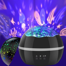 Starry Projector Light Kids Night Light Projector for Kids 360 Rotation with 2 Projection Films Starry Sky Ocean Projector Night Lights 8 Colors Galaxy Projector Light(Black)