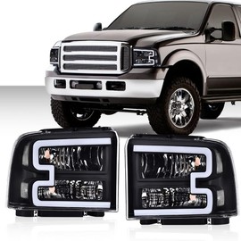 GRAND ORANGE LED DRL Headlight Assembly Compatible with Ford Excursion 05 /Fit Ford F250 F350 F450 F550 Super Duty 05-07 HeadLamps LH & RH Clear lens Black Housing White Reflector Headlights FO2503217