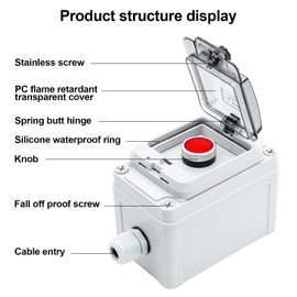 OELFFOW IP67 Button Switch Outdoor Waterproof Box Red Self-Locking Junction Box Button with Protective Cover Anti-misoperation Switch(AC/DC 6A-110V/3A-240V/2.5A-380V)