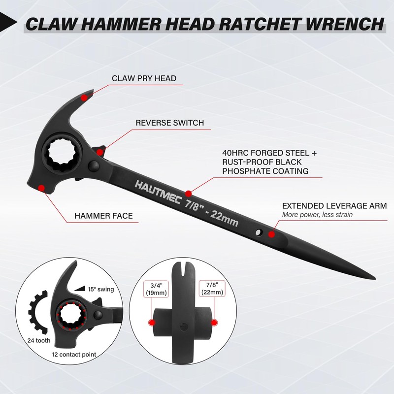 HAUTMEC 12inch Spud Ratchet Wrench Set(3 PCS), Includes 3/4" x