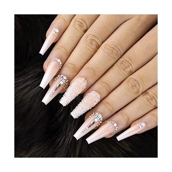 Kikmoya Extra Long Coffin Press on Nails, Crystal Luxury Nails with Silver Opal rhinestones, Pink French Mixed Light Ombre, 24pcs Glossy False Nails Fake Tips, Finger Manicure for Women and Girls (K29)