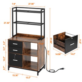 Livofloral File Cabinet with Charging Station, 3 Drawer Filing Cabinet with Bookshelf, Large Printer Stand with Open Storage Shelves for Home Office, Locking File Cabinets Fits Letter/A4 Size, Brown