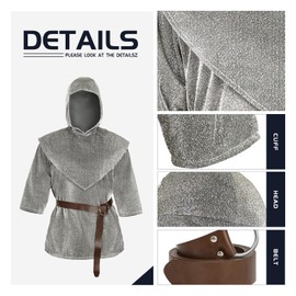 JPXH Medieval Knight Costume Faux Chain Mail Armor Tunic with Hood and Belt Renaissance Outfit