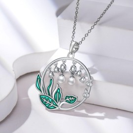 BETHZA Lily of the Valley Necklace 925 Sterling Silver Freshwater Cultured White Pearl May Birth Flower and Leaf Pendant Birthday Jewelry for Women