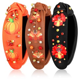 Hoteam 3 Pcs Thanksgiving Headband Fall Beaded Knotted Head Band with Turkey Pumpkin Rhinestone Jeweled Headband for Women Crystal Embellished Wide Top Knot Hairband for Autumn Hair Accessories Gifts