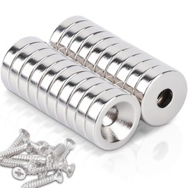 Neodymium Magnets Extra Strong 12 x 3 mm Aperture 4 mm, Pack of 20 Pot Magnets with Screws, Neodymium Magnets with Hole, Small Strong Magnet, Flat for Kitchens, Fridges, Warehouses, Offices