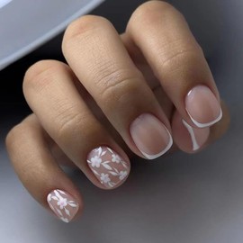 ANDGING Extra Short French Tip Press on Nails Square White Glue on Nails with Flower Designs Manicure Fake Nails for Women Wedding Acrylic Classy Full Cover False Stick on Nails 24 Pcs