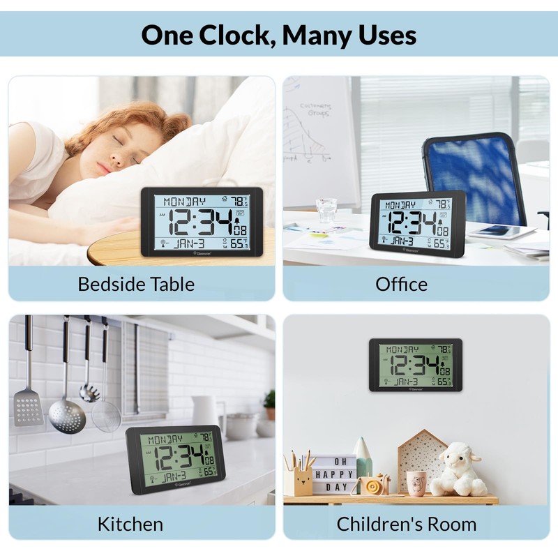 Geevon Atomic Clock with Indoor Outdoor Temperature–10.8'' Self-Setting Digital Wall