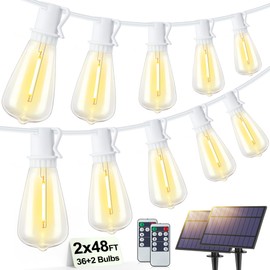 Larkvue 96FT(2x48FT) Solar Outdoor String Lights with Remote & Timer, Waterproof Dimmable Patio Lights with 36+2 ST38 LED Bulbs for Garden Deck-White