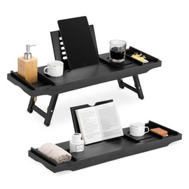 Navaris Bed and Bath Tray - Wooden Rack with Folding Legs - Bamboo Bathtub Caddy Bridge Shelf with Book or Tablet Stand