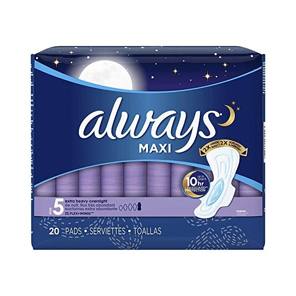 Always Extra Heavy Overnight Maxi Pads with Flexi-Wings - 20 Count (Pack of 2)
