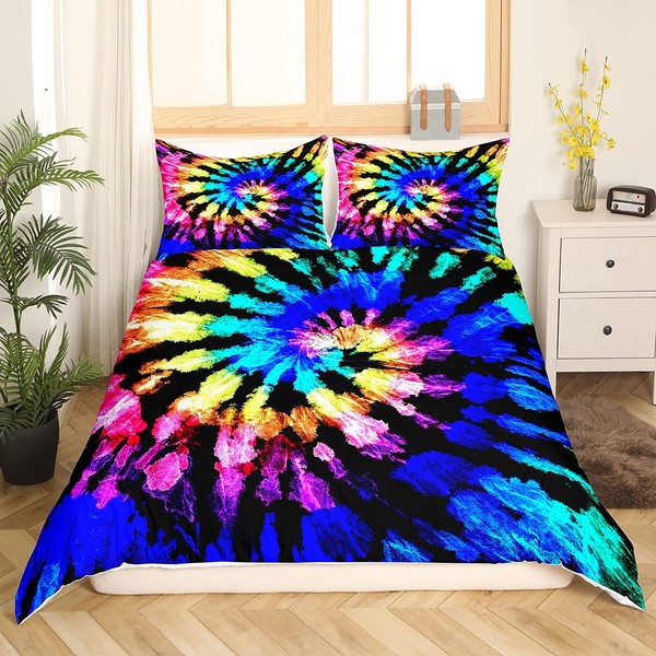 Colourful Tie Dye Bedding Blue Purple Tie Dye Duvet Cover Spiral Tie Dyed Printed Comforter Cover Set,Boho Bohemian Hippie Bedding Sets Full Size Abstract Printed Quilt Cover Set with Zipper
