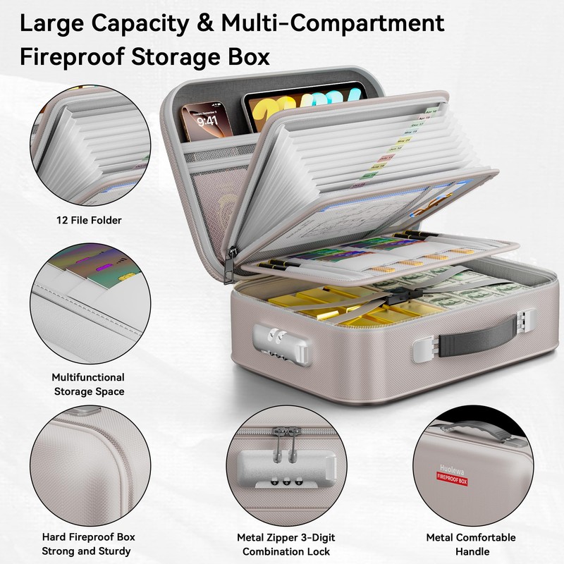 Fireproof Document Box, Hard Case Fireproof Box with Lock, Portable
