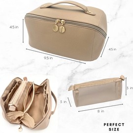 Large Capacity Travel Cosmetic Bag, Travel Makeup Bag, Opens Flat for Easy Access, Toiletry Bag, Vegan Leather, Bridal Shower Gift:_Beige