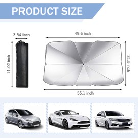 Downhill Car Windshield Sunshade Umbrella, Foldable Car Umbrella Sunshade, Sun Protection Thickened Protective Sun Shade, 31.5In x 55In Front Window Heat Insulation Protection, for Most Cars (Silver)