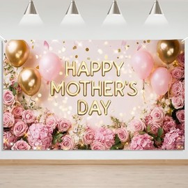 Mocsicka Happy Mothers Day Banner Backdrop Pink Floral Mother's Day Decorations Banner Thank You Mom Mother Day Party Supplies Photo Booth Props 70.8 x 43.3 Inch