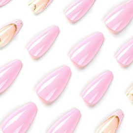 RikView Almond Press on Nails - Medium Length Acrylic Nails with Purple French Tip, Glossy Full Cover