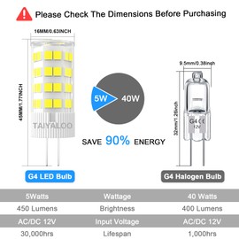 TAIYALOO G4 LED Bulb 5W 5000K Daylight White Bi-pin T3 JC Type 12V AC/DC 40W Halogen Equivalent Non-dimmable for Outdoor Landscape Lighting Deck Stair Step Path Lights (6 Pack)