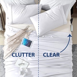 Cathay Home Twin XL Double-Sided Organizer Pocket Fitted Smart Sheet - Double Brushed Ultra Soft – Wrinkle & Fade Resistant - 14" Deep Pocket Fitted Sheet (Coconut Milk, Twin XL)