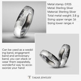 Takar Hammered Sterling Silver Rings for Men and Women - 7mm Wide .925 Silver Bands in Small to Large Sizes - Comfortable Bands - Every Day Wear Hammered Band Ring - Christmas Gift Made In USA