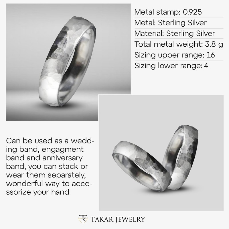 Takar Hammered Sterling Silver Rings for Men and Women -