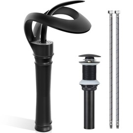 Elegant Bathroom Sink Faucet Single Hole,AUU Waterfall Matte Black Vessel Sink Faucet Solid Brass,Single Handle Tall Bowl Sink Faucet with Pop Up Drian Supply Line (Black, Tall)