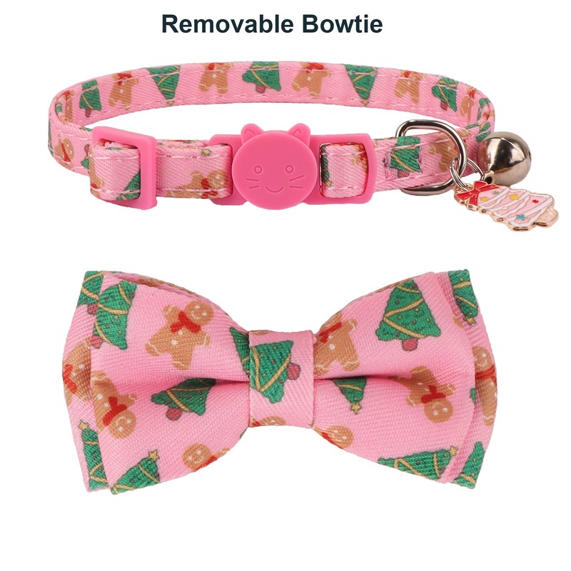 ADOGGYGO Pink Christmas Cat Collar with Bowtie Bandana, Christmas Kitten