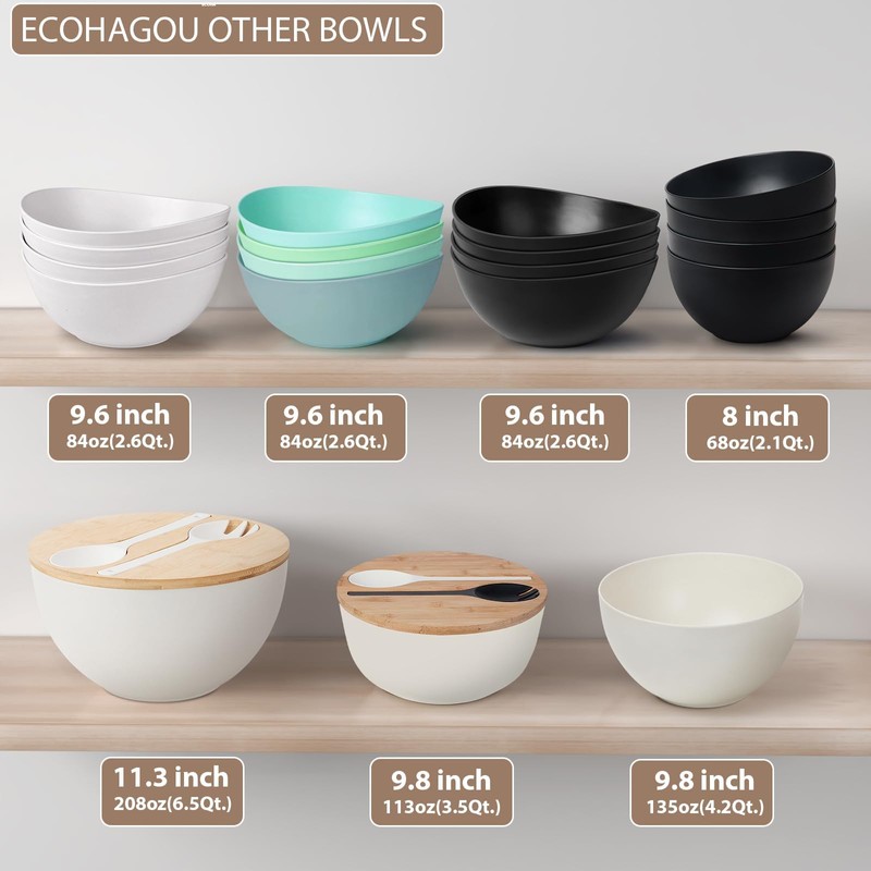 ECOHAGOU 9.6'' Serving Bowls, 84oz Bamboo Fiber Salad Set of