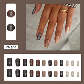 Press On Nails Medium Brown Square Fake Nails, Everyday Fashion Acrylic Full Cover False Nails Set, Natural Perfectly Reusable Stick On Nails Suitable for Women Girls