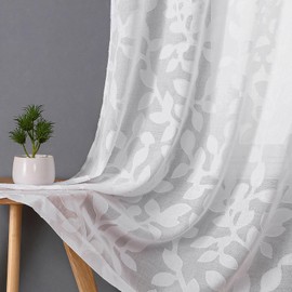 OVZME White Sheer Curtains 63 inches Long 2 Panels for Living Room, Jacquard Clip Leaf Pattern Textured Light Filtering Window Semi Sheer Voile Drapes for Bedroom, Each Panel 42 x 63 Inch