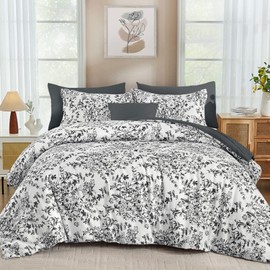 WONGS BEDDING Comforter Set Queen, 8 Pieces Black Gray Floral Botanical Plants Print Comforter, Soft Fluffy Microfiber Complete Bed in a Bag Bedding Sets for All Season (90"x90")