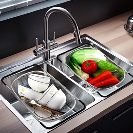 Tioncy 2 Pcs Over The Sink Colander, Stainless Steel Colander with Fine Mesh, Strainer Basket with Expandable Handles(13.4in-21.3in), Pasta Vegetable Food Fruit Drainer for Kitchen