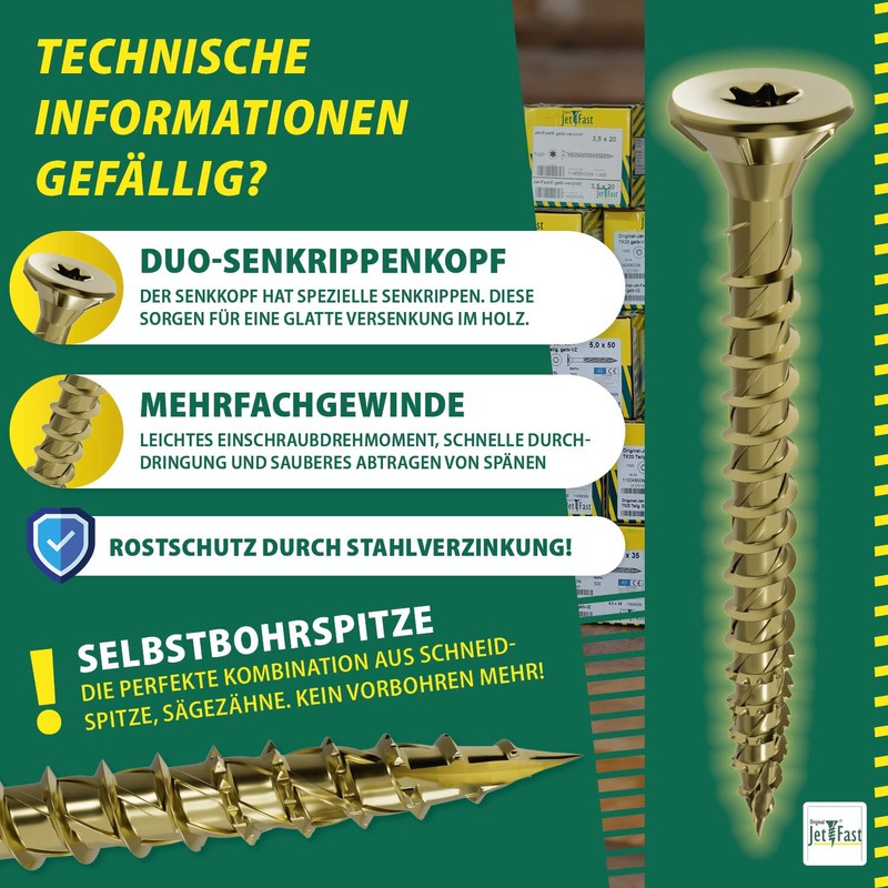 Jet-Fast Original Universal screws, Duo-countersunk head, self-drill bit, gold, 11404x40n