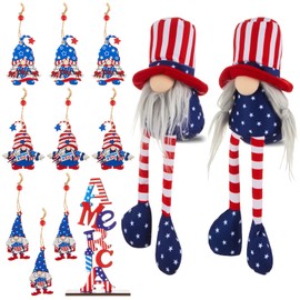 Wesiti 12 Pcs 4th of July Gnomes Decorations Includes 2 Large Patriotic Gnomes Plush with Dangling Long Leg 9 Hanging Wooden Gnome Independence Memorial Day Centerpiece Figurine Home Decor Ornaments