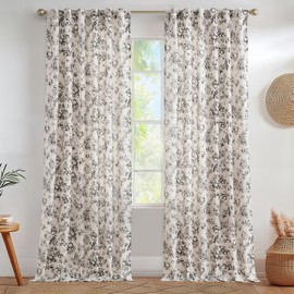 Vangao Linen Blend Floral Curtains for Living Room 96 Inches Long Black on Beige Drapes Back Tab Light Filtering Toile Printed Farmhouse Bedroom Decor Rod Pocket 2 Panels Set