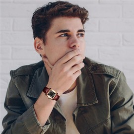 JewelryWe Men's Retro Calendar Analogue Quartz Watch with Rectangular Roman Numerals Dial and Leather Strap, Colour: Black, Blue, Brown, brown, Strap.