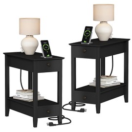 Treocho End Tables Living Room Set of 2, Narrow Side Table with Charging Station, White Sofa Bedside Table for Small Spaces, Living Room, Bedroom