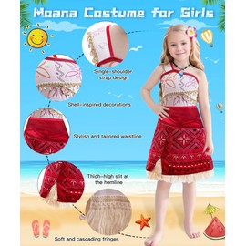 Moana Costume for Kids, Adventure Dress Up for Girls with Bag Crown Necklace Clip, Moana Fancy Dress Cosplay (130)
