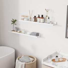 RICHFOCUS Picture Ledge Shelf, 36 inch Solid Wood Floating Shelves with Lip for Wall Storage, Nursery Book Shelves for Living Room Bathroom Bedroom Kitchen, Set of 2, Washed White