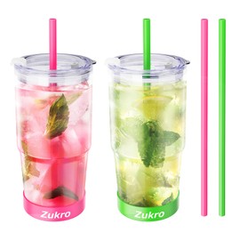 Zukro Glass Tumbler With Lid and Straw Leak Proof, 24 oz Clear Reusable Borosilicate Glass Iced Coffee Cup Water Cup With Silicone Boot for Hot and Cold Drinks, Smoothie Cup Dishwasher Safe, 2 Pack
