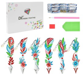 Kaizuca 6 Piece Diamond Painting Bookmark Set, Diamond Painting Feather Bookmark with Pendant Crystal, Bookmark Diamond Painting Children Adults for DIY Crafts Gift Set (A)