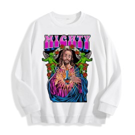 Mighty Retro Alien Jesus Graphic Crewneck Sweatshirt, US Warehouse, 6 ColorsSize: 2 XL, Color: Light Gray