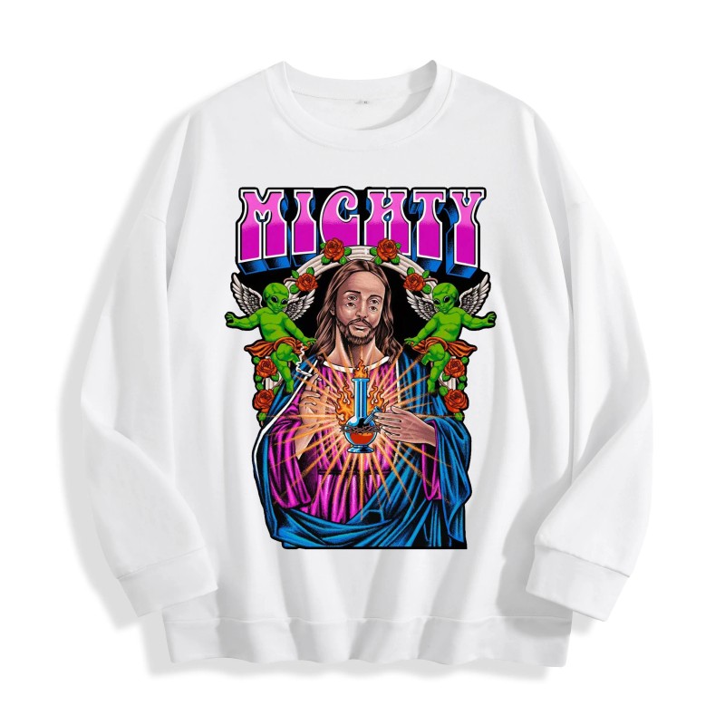Mighty Retro Alien Jesus Graphic Crewneck Sweatshirt, US Warehouse, 6