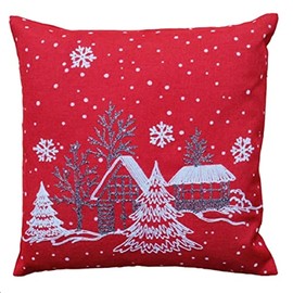 Raebel OHG Cushion Cover Embroidery Winter Village Fir Christmas White Decoration (Red, 40 x 40 cm Cushion Cover)