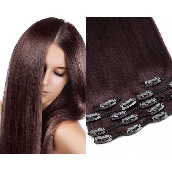 GlamXtensions Clip-In Real Hair Extensions 7-Piece in Colour No. 04 Chocolate Brown and Length 80 cm / Weight 100 g Remy Real Hair