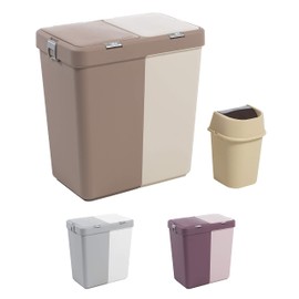 Mabel Home Plastic Laundry Hamper with Lid, 2 sections, Large Laundry Basket – Extra Trash Bin (1,6 Gallons) inc. (Brown-Cream)
